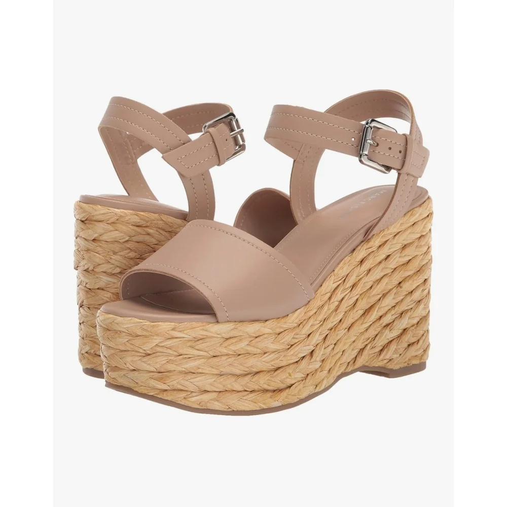 Marc Fisher Women Braided Raffia Chunky Platform Sandals 10 M Tan Beige